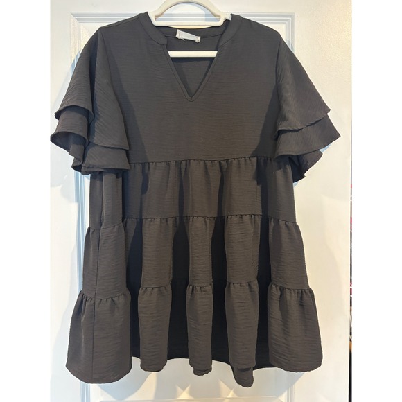 Zenana Tops - Zenana Black Tiered Ruffle Babydoll Tunic Top Short Flutter Sleeve M Boho